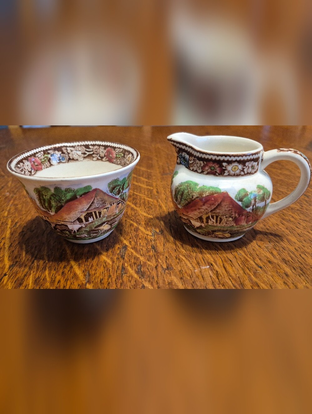 Vintage Cottage Scene Creamer and Sugar Bowl Set - Brown & Green